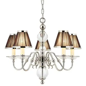 Flemish Ceiling Pendant Chandelier Polished Nickel & Black Shades 5 Lamp Light