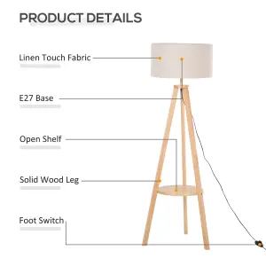 HOMCOM Floor Lamp Bedside Light Free Standing Tripod Holder Storage Shelf Linen