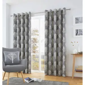 Woodland Trees Motif 100% Cotton Ready to Hang Eyelet Curtains