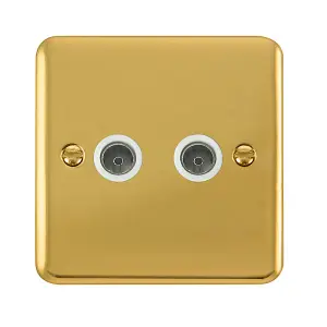 Curved Polished Brass 2 Gang Twin Coaxial TV Socket - White Trim - SE Home