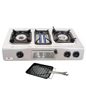 NJ G-87 Stainless Steel Camping Gas Stove 3 Burners with Grill & Oven 9.7kW