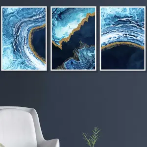 Set of 3 Abstract Navy, Blue and Gold Oceans Wall Art Prints / 42x59cm (A2) / White Frame