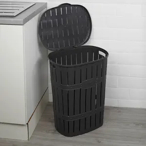 URBNLIVING 65L Anthracite Plastic Bamboo Style Laundry Basket Storage Bin With Handles & Easy Open Lid