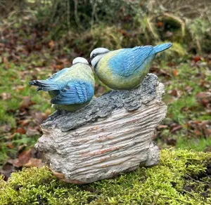 WELCOME sign ornament with BlueTits on old log, garden bird lover gift