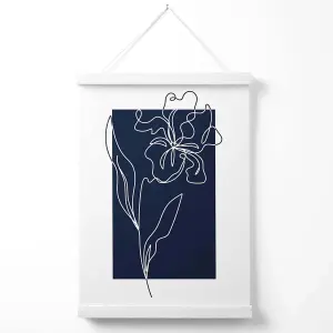 Navy Blue and White Flower Floral Line Art Poster with Hanger / 33cm / White