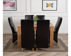 Dakota 152 x 87 cm Chunky Medium Oak Dining Table and 6 Chairs Dining Set with Lola Black Leather Chairs