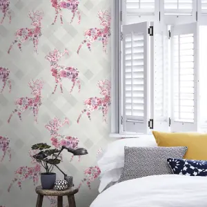 Dove Floral Stag Wallpaper Pink Multicolour Geometric Pattern Paste The Wall