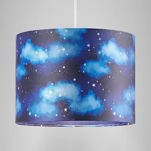 Modern Navy Blue Childrens Lamp Shade with Bright Gold Stars and White Clouds