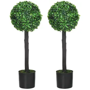 HOMCOM Set of 2 Potted Artificial Plants Boxwood Ball Trees Indoor Outdoor, 60cm