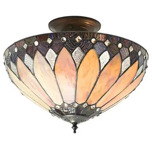 Tiffany Glass Semi Flush Ceiling Light Cream Bronze Round Inverted Shade i00158