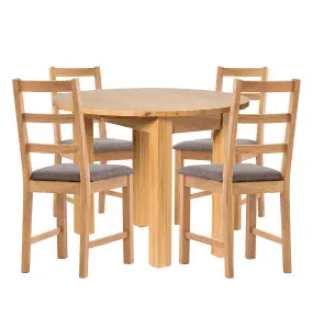 Hallowood Furniture Waverly Drop Leaf Round Table with 4 Ladder Back Oak Chairs with Grey Fabric Seats