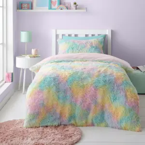 Catherine Lansfield Rainbow Cuddly Deep Pile Faux Fur Double Duvet Cover Set with Pillowcases Pastel