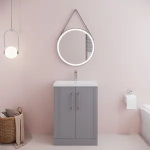 Retro 2 Door Floor Standing Vanity Unit with Mid-Edge 1 Tap Hole Ceramic Basin - 600mm - Satin Grey - Balterley