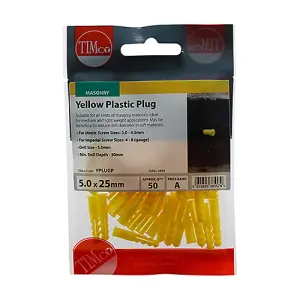 Timco - Plastic Plugs - Yellow (Size 25mm - 50 Pieces)