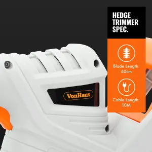 VonHaus Hedge Trimmer 550W, Electric Lightweight Cutter for Hedges, Bushes, Branches & More, Comes with Blade Cover, 10m Cable