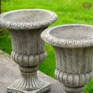 Pair of Large Fluted Stone Urns Outdoor Garden Planters