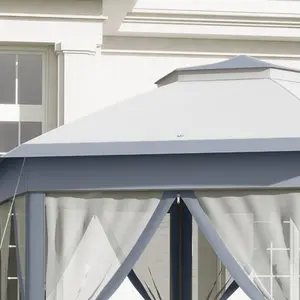 Outsunny 4x4m Hexagon Gazebo w/ Metal Frame Mesh Curtains Outdoor Garden, Grey