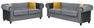 Hilton Chesterfield style Sofa Grey French Velvet Fabric 3+2 Seater Set (3+2 Seater)