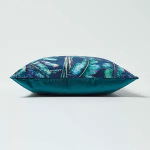 Homescapes Navy Tropical Banana Leaf Velvet Cushion 46 x 46 cm