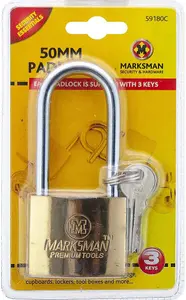 Set Of 2 Long Shackle Brass Padlock Heavy Duty 3 Keys 50Mm