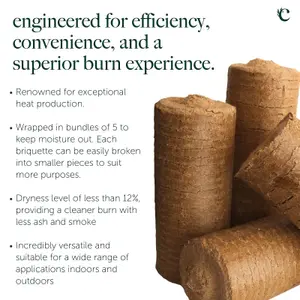 10kg Round Oak Briquettes - 5 x Hardwood Slow Burn Heat Logs - Clean Burn High Energy for Fires, Burners, Stoves & Chimineas