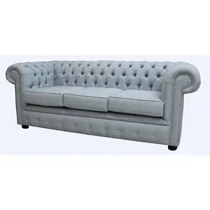 Chesterfield 3 Seater Sofa Charles Sky Blue Linen Fabric In Classic Style