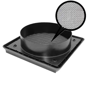 Kair Black Louvred Wall Vent Grille 183mm External Dimension with Flyscreen and Round 150mm - 6 inch Rear Spigot