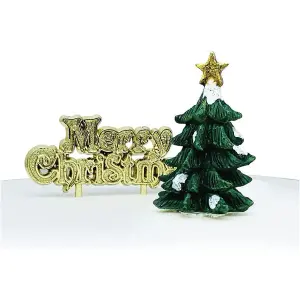 Anniversary House Tree Christmas Resin Cake Topper (Pack of 2) Green/Gold (One Size)