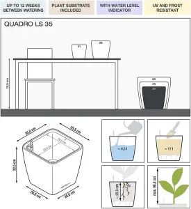 LECHUZA QUADRO LS 35cm Square Planter, White High-Gloss Plastic Self-watering Planter with Substrate and Water Level Indicator