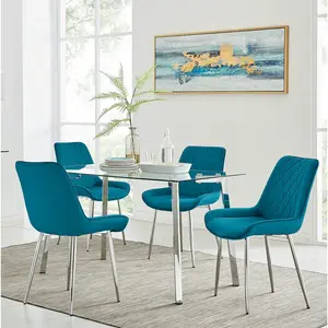 Cosmic Luxury Glass and Chrome Dining Table Set with 4 Luxury Velvet Dining Chairs Blue/Silver