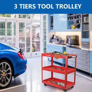 Tool Storage Heavy Duty Garage Trolley Workshop 3 Tier Wheel Cart DIY Red