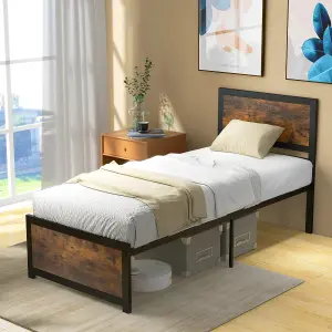 Costway Single Size Bed Frame Heavy-duty Industrial Metal Platform Bed w/High Headboard