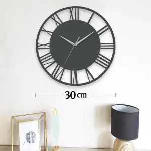 Grey Large Wall Clocks Roman Numeral Kitchen Battery Operated for Home 300mm