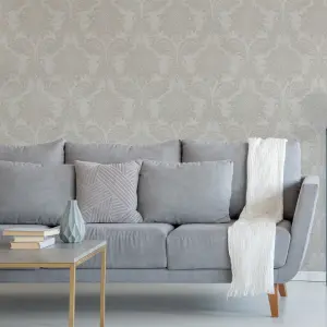 Boutique Beige Metallic effect Damask Textured Wallpaper Sample