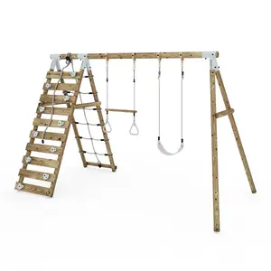 Limited Edition Rebo Wooden Double Swing Set with Up and Over Climbing Wall - Savannah - Pastel Pink