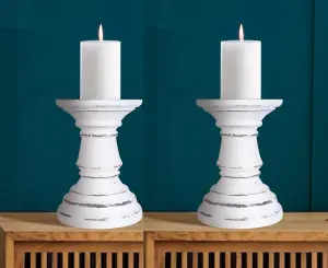 SET OF 2 Rustic Antique Carved Wooden Pillar Church Candle Holder, White Light,Medium 19cm