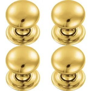 4x Round Victorian Cupboard Door Knob 32mm Dia Polished Brass Cabinet Handle