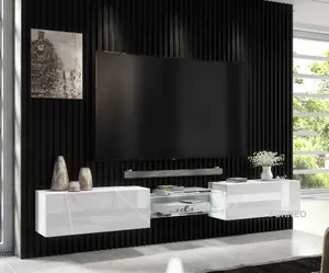 Furneo White Floating TV Cabinet 230cm Wall Unit Modern High Gloss &Matt Art02 White LED Lights