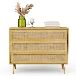 VonHaus Chest of Drawers for Bedroom, Scandi Style Natural Rattan 3 Drawer Organiser, Wicker Dresser for Bedroom & Living Room