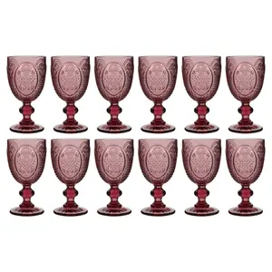 Set of 12 Vintage Luxury Pink Embossed Drinking Wine Glass Wine Goblets 310ml