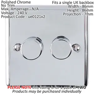 2 PACK 2 Gang 400W 2 Way Rotary Dimmer Switch CHROME Light Dimming Plate