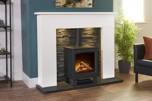 Acantha Toledo White Marble Fireplace with Lunar Electric Stove in Charcoal Grey & Downlights, 54 Inch