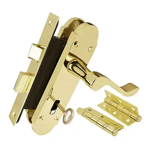 Z76 Scrolled Locking Door Handle Pack, Brass, 63mm Sashlock, 3" Hinge - Handlestore