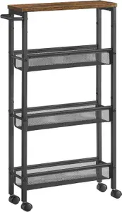 VASAGLE 4-Shelf Trolley, Space-Saving Kitchen Cart with Wheels, Steel Frame, Handle, Rustic Brown and Black