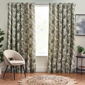 Cream & Green Tropcial Leaves Lined Eyelet Curtains (W)117cm (L)137cm, Pair