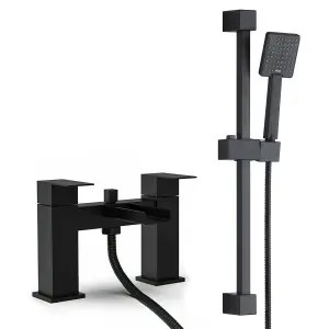 Matt Black Waterfall Bath Shower Mixer Tap & Square Shower Slide Rail Kit