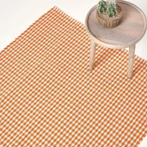 Homescapes Cotton Gingham Check Rug Hand Woven Orange White, 70 x 120 cm