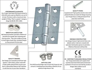 EAI - 3" Internal Door Hinges & Screws G7 FD30  - 76x50x2mm Square - Satin Chrome - Pack 3 Pairs