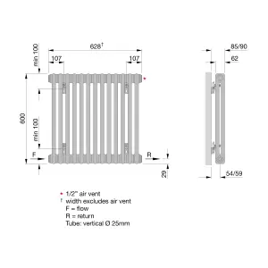 Acova Raw metal 2 Column Radiator, (W)628mm x (H)600mm