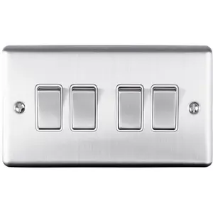 4 Gang Quad Light Switch SATIN STEEL 2 Way 10A White Trim & Metal Rocker